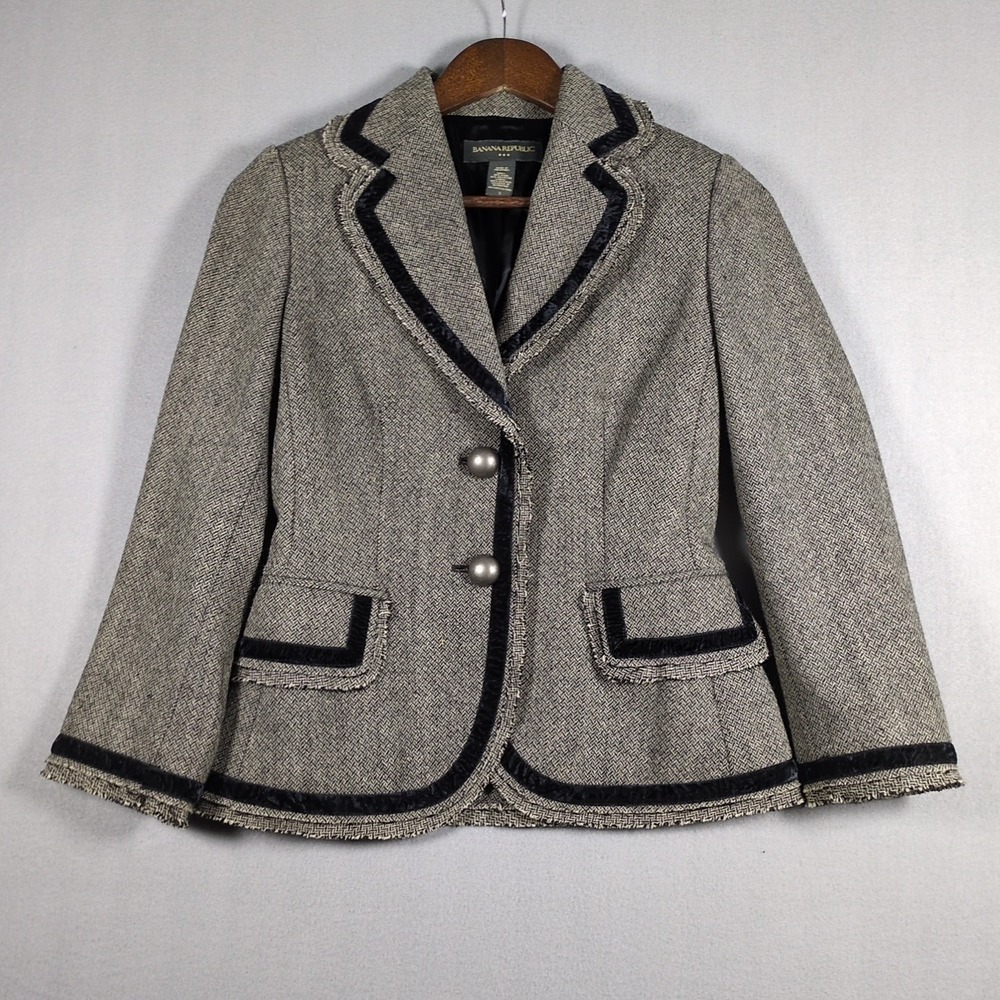 Banana Republic Women's Sz 2 Wool Blend Grey Black Tweed Blazer Velvet Trim